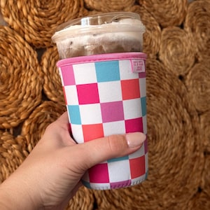 Pink Checkered Neoprene Iced Coffee Sleeve: 16-22oz Drink Cooler