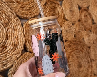 Cactus Iced Coffee Glass, Boho Aesthetic 16oz Beer Can Glass