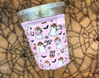 Cowgirl Ghost Drink Cover, Iced Drink Sleeve, Halloween Fall Accessory, Spooky Spider, Teacher Gift, Coffee Addict