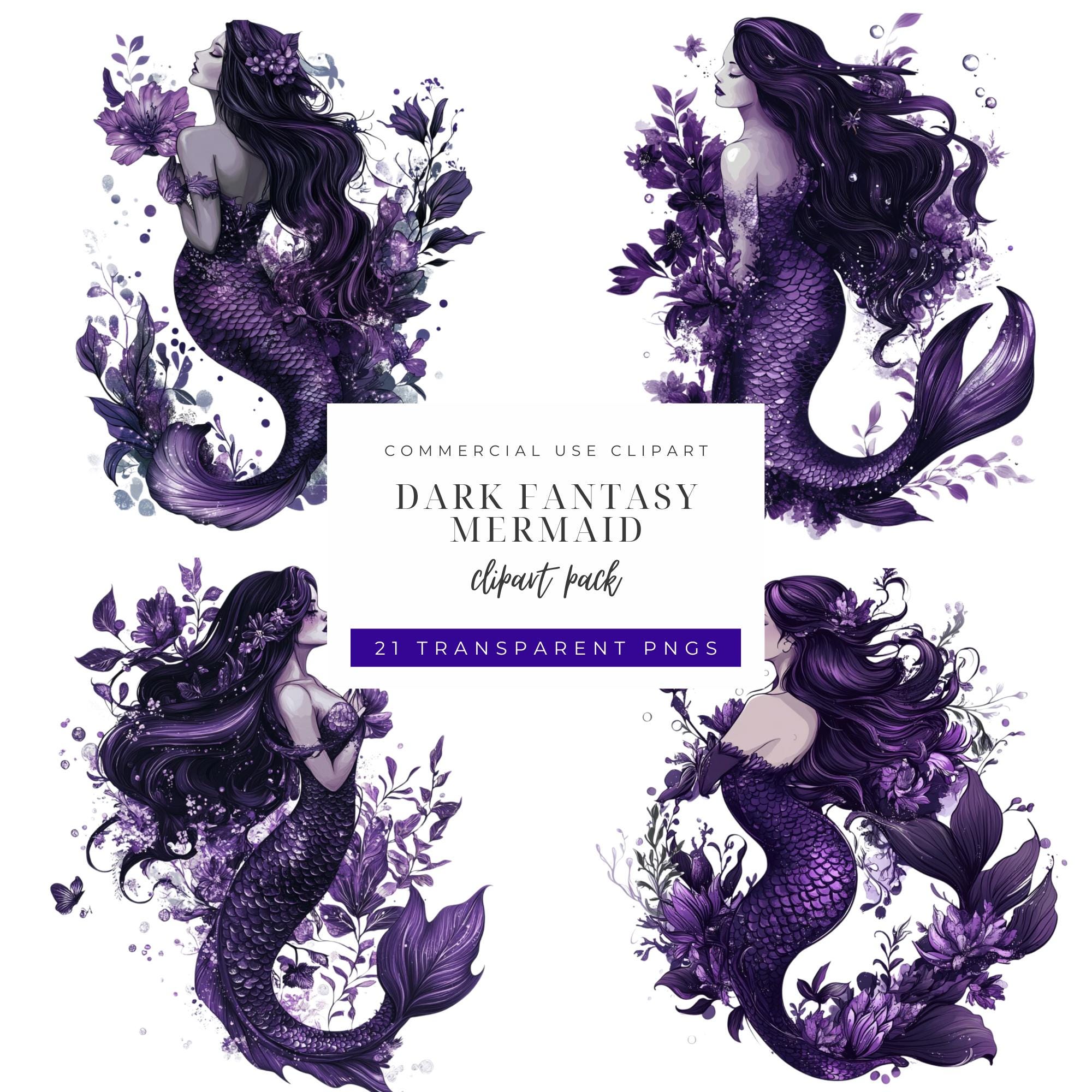 Dark Fantasy Mermaid Clipart Bundle PNG –gothic Purple Floral Mermaid ...