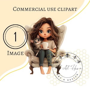 Niña con gato: Imagen PNG de dibujos animados (uso comercial)