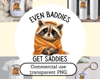 Incluso los malos se ponen tristes: Mapache PNG / Lindo y divertido clipart de animal / Mapache kawaii envuelto en una manta / Descarga digital para uso comercial