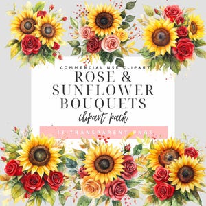 May include: Watercolor clipart pack of 13 transparent PNGs featuring bouquets of sunflowers and roses. The bouquets are in shades of yellow, red, and pink.