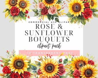 May include: Watercolor clipart pack of 13 transparent PNGs featuring bouquets of sunflowers and roses. The bouquets are in shades of yellow, red, and pink.
