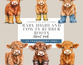 Watercolor Highland Cow Clipart Bundle – Cute Baby Cows in Rubber Boots, Farm Animal PNGs, Instant Download, Commercial Use, Scrapbooking