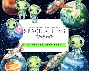 Cute Space Alien Watercolour Clipart PNG Bundle | Planets & Spaceships Illustrations | Commercial Use Digital Download for sublimation