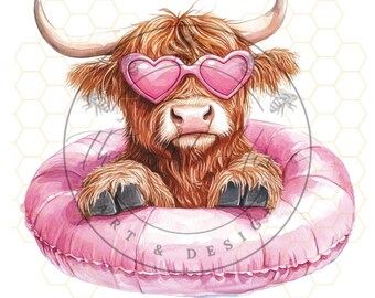 Highland Kuh Sublimation PNG - Kuh im Pool Float Clipart, Sommerkuh Design, lustige Farmtiergrafik, Sofort Download