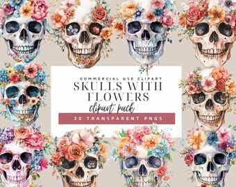 Akvarell skallar och blommor Clipart-paket (digital nedladdning i PNG)