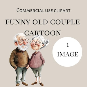 Funny old couple watercolour clipart, cartoon illustration, instant download, commercial use, Digital Only, PNG, Valentine’s Day