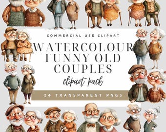 May include: Watercolor clipart set of 24 funny old couples. Each couple is illustrated in a whimsical style with bright colors and unique personalities. The clipart is perfect for adding a touch of humor to your projects.