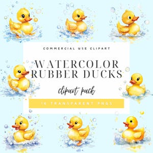 May include: Watercolor clipart pack of 16 rubber ducks. The ducks are yellow and have a cute, cartoonish style. They are floating in water with bubbles around them.  COMMERCIAL USE CLIPART. WATERCOLOR RUBBER DUCKS clipart pack 16 TRANSPARENT PNGS