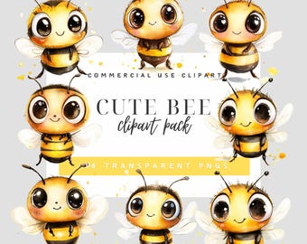 Paquete de imágenes prediseñadas de acuarela de abejas lindas / Ilustraciones de abejas de ojos grandes / Descarga digital para uso comercial para manualidades y sublimación