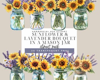 Sunflower and Lavender Clipart PNG Bundle – Mason Jar Watercolor Flowers, Rustic Farmhouse Floral Graphics, Commercial Use, Instant Download