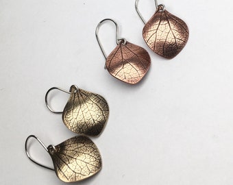 Hydrangea Petal Earrings, Copper or brass mixed metal earrings