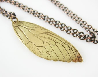 Collar de ala de cigarra, cobre o latón, joyería de insectos reales