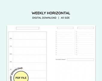 Weekly Planner Horizontal Template A5 Inserts Undated Weekly - Etsy