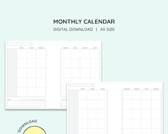 Printable A5 Size UNDATED Monthly Calendar Planner Pages - Monday & Sunday Start
