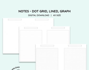 Printable A5 Size Planner Note Pages - Dot Grid, Lined, and Graph