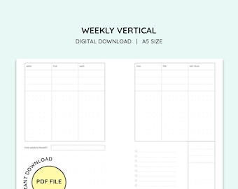 Printable A5 Size UNDATED Weekly Vertical Planner Pages