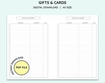 Printable A5 Gifts and Cards Planner Pages