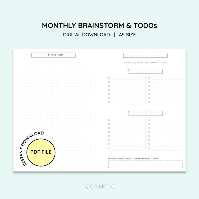Printable A5 Size Monthly Brainstorming & Todo Planner Pages image 1