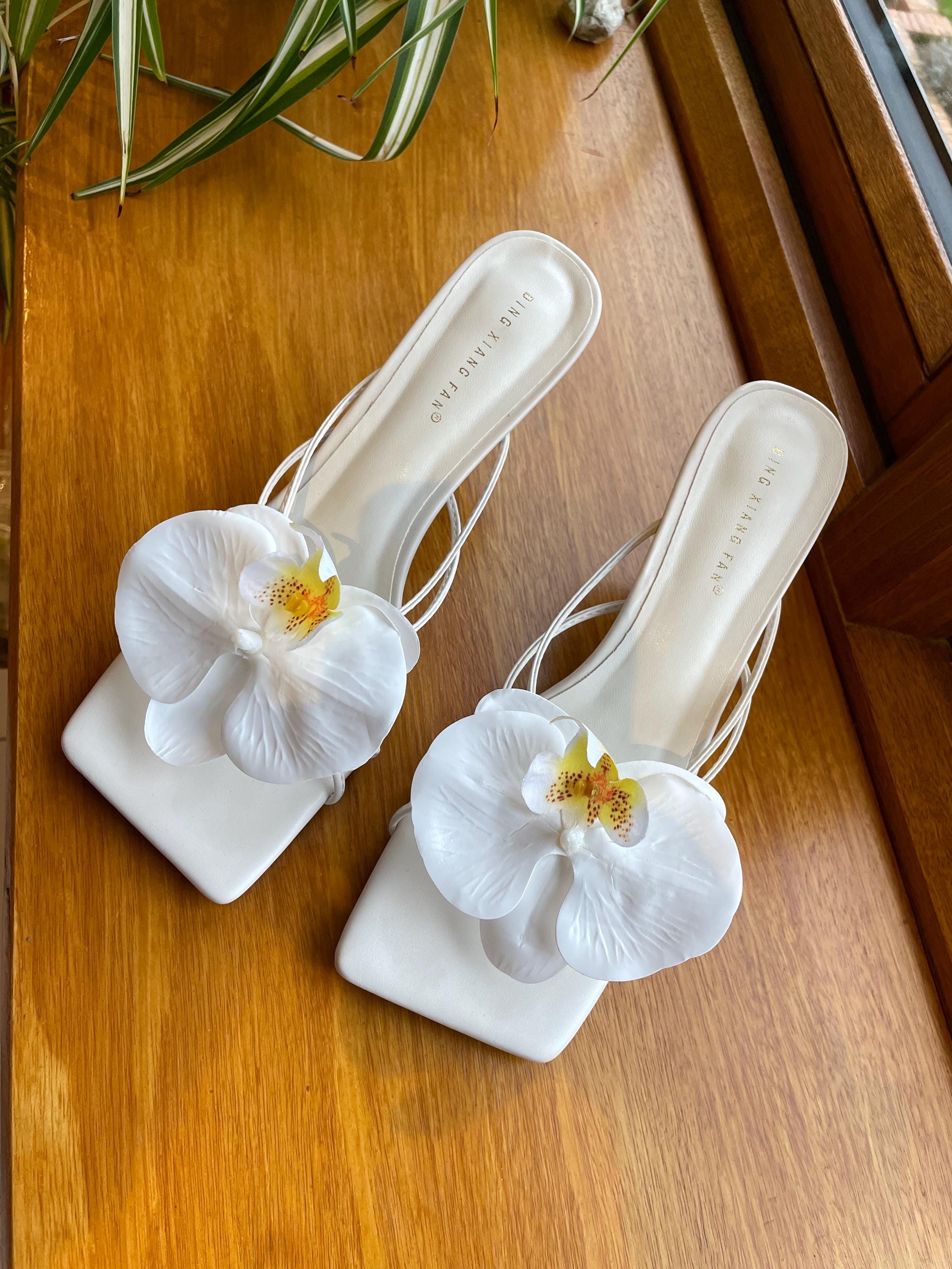 White Handmade Orchid Flower Heels Sandals