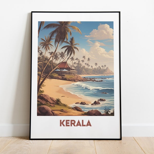 Kerala Beach Scene Poster - Tranquil Indian Coastline Wall Art, Traditional Architecture and Palm Trees, Available Framed or Unframed