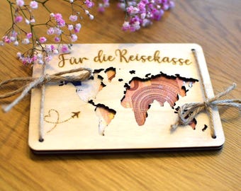 Geldgeschenk  aus Holz personalisiert Reisekasse Geschenk  Geld kreativ verschenken Urlaub  Holz Geldgeschenk Weltkarte  Hochzeitsreise