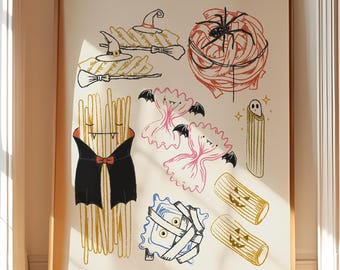 Halloween Pasta Illustration for Pasta Lovers, Kitchen Print, Italian Food Poster, Wall Art, Pasta Artwork, Dining Room Decor, Download
