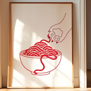 Pasta Wall Art Print, Cat Paw Spaghetti Illustration, Printable Kitchen Decor, Hand Drawn Pasta Poster, Funny Food Wall Art Download