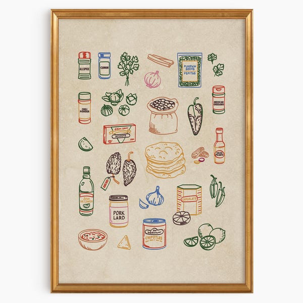 Mexico Pantry Art Print – Whimsical Kitchen Food Illustration for Mexican Kitchens and Restaurants