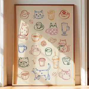 Katze und Kaffee Wandkunst - Küchendekoration für Katzenliebhaber - Niedliche Katzentasse und Kaffee Illustration Poster - 20x26, 11x14, 16X20, 24X36