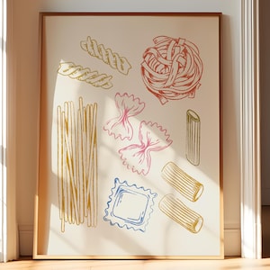 Pasta Illustration for Pasta Lovers, Kitchen Pasta Print, Italian Food Poster, Wall Art, Pasta Artwork, Dining Room Decor, Digital Download