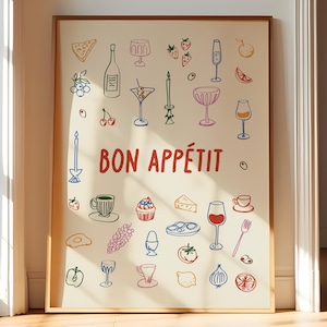 グルメな方のためのBon Appetitアートワインプリント、キッチン用フードアートポスター、ディナーパーティー用のユニークなバーカートアートプリント、ワインアートポスター