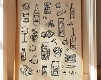May include: A framed print featuring a collection of hand-drawn Italian food illustrations in black ink on a beige background. The artwork includes pasta, wine, cheese, olives, and other culinary elements, creating a rustic, artistic aesthetic.