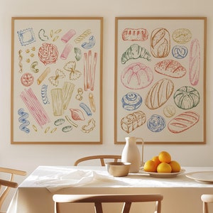 Pasta and Bread Food Poster Set of 2, Printable Kitchen Art Print, Minimal Dining Room Decor, Croissant Wall Art, Digital Download