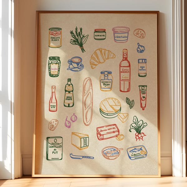 Esboço caprichoso de despensa francesa – Arte de parede para cozinha de bistrô parisiense, pôster de ingredientes campestres, impressão de ilustração de comida para decoração francesa aconchegante.