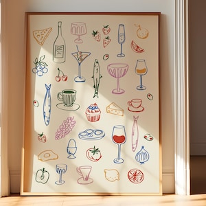 Afdrukbare keukenafdrukken – sardines, kaas, cocktails | Handgetekend eten en drinken downloaden | Retro voorraadkastkunst voor barwagen of eetkamer