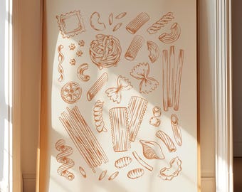 Arte de cocina con pasta: Impresión de comida italiana en color naranja óxido, póster con ilustración de pasta dibujada a mano, paquete de decoración de pared para comedor de bistró