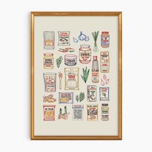 Puede incluir: Una lámina artística enmarcada que presenta una colección de ilustraciones lineales coloridas de diversos ingredientes alimentarios y productos básicos indonesios, incluyendo frascos de sambal, bolsas de arroz, fideos, especias y hierbas sobre fondo beige.