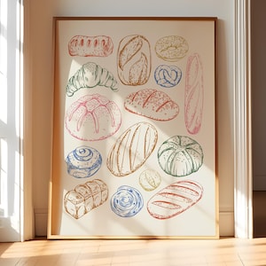 Impresión de ilustraciones de pan dibujado a mano, regalo para amantes del pan, obra de arte de baguette, arte de pared de comida ilustrada, póster de pan de masa madre, cocina enmarcada