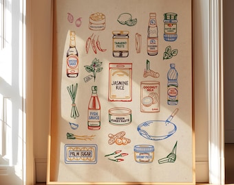 Afdrukbare muurkunst Thaise pantry, Thaise keukendecor, poster jasmijnrijst en vissausingrediënt, voedselillustratie downloaden, 8,5 x 11 inch inbegrepen