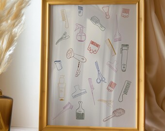 Black Hair Salon Tools Art Print, Hairdresser Gift, Beauty School Decor