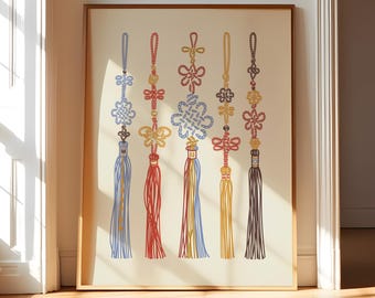 Grafika ścienna z motywem węzła koreańskiego, dekoracja Maedeup, tradycyjna sztuka koreańska, azjatycka dekoracja ścienna, ilustracja z koreańskim frędzlem, sztuka ścienna bez ramki