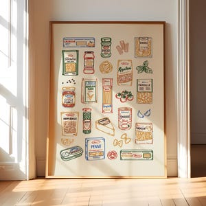 May include: A framed print showcasing illustrated Italian food items, including pasta shapes, sauces, and ingredients. The artwork features a variety of pasta types, tomatoes, basil, and cheese, all presented in a colourful, vintage style.