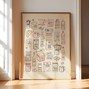 Könnte beinhalten: Ein gerahmtes Poster mit einer Sammlung von Illustrationen rund um das Thema Kaffee im Linien-Stil. Der Druck zeigt verschiedene Gegenstände wie eine Mokkakanne, Kaffeebohnen, Milchkartons, Sirupflaschen, Kakaopulver und Zucker auf cremefarbenem Grund.