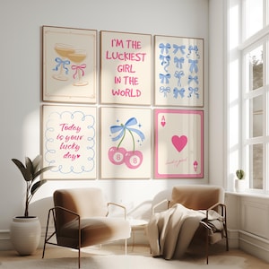 Set di poster Coquette Bows, 8 Balls Cherry Wall Art, stampa Lucky Girl, decorazioni per dormitori universitari per ragazze, decorazioni da parete per appartamenti femminili, carta Pink Ace