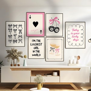 Conjunto de 6 laços pretos e rosa com estampa moderna, download digital, arte de parede para impressão para decoração de dormitório, arte para apartamento, 8 bolas de cerejeira