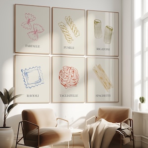 Pasta Wall Art Set of 6 – Printable Italian Kitchen Decor, Hand Drawn Food Prints, Digital Pasta Art for Foodies, Gift for Pasta Lovers
