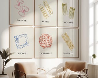 Juego de 6 impresiones de pasta para pared: decoración de cocina italiana imprimible, láminas de comida dibujadas a mano, arte digital de pasta para amantes de la comida, regalo para los amantes de la pasta.